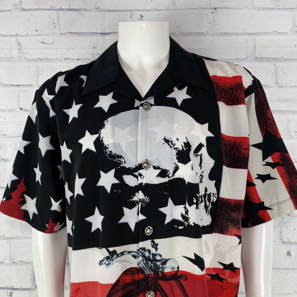 DragonFly Shirt Men's Large Short Sleeve Button Up Motorcycle Skulls USA Flag